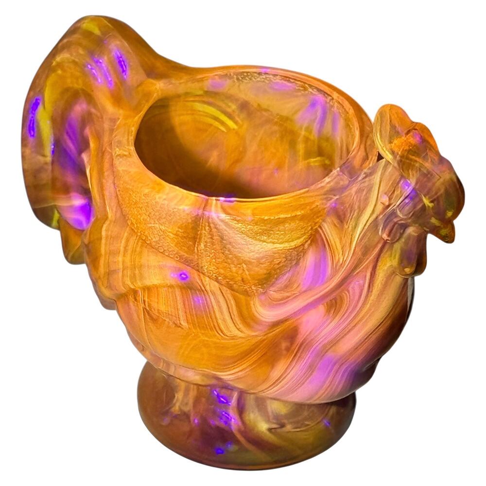 Boyd Glass XL Egg Cup 1999 Vaseline Autumn Harvest Rooster Figurine GLOWS OOAK